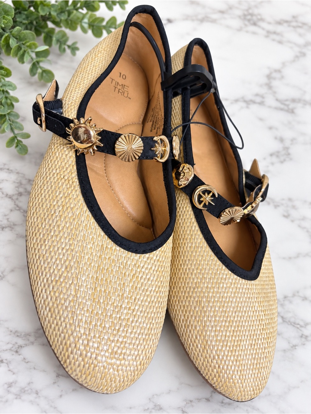 Time and Tru Straw Ballet Flats with Black Trim and Gold Medallions